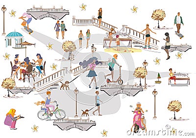 Set of people having rest in the park. Leisure outdoor activities. Vector Illustration